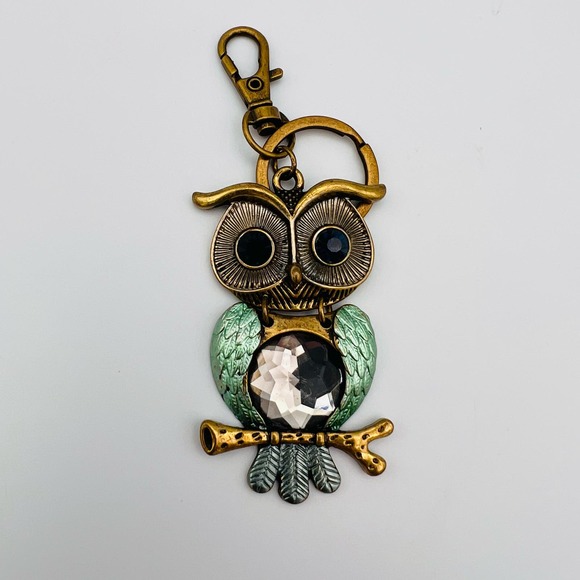 Owl Keychain Antiqued Gold Metal Boho 3” Repurposed Giftable Handmade - Picture 3 of 6